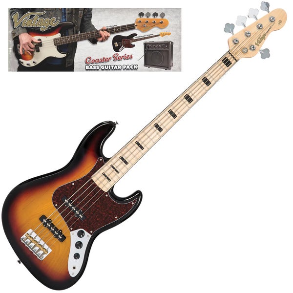 Vintage VIP-V495SB Coaster Series 5-string 3-Tone Sunburst Bass Pack with Amplifier