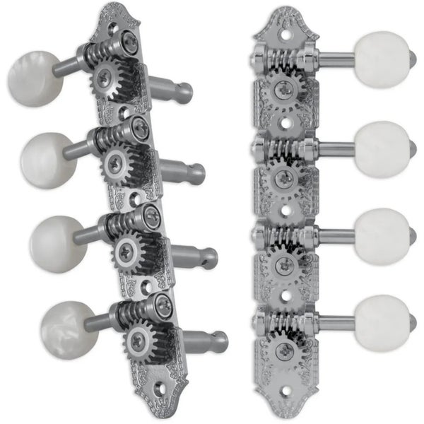 Grover 409C Professional Mandolin Standard "A"-Style Machine Heads con botón Pearloid - Estándar, 4 + 4 - Cromo