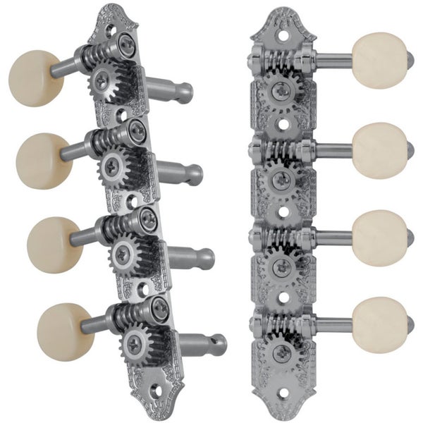 Grover 409CW Professional Mandolin Standard "A"-Style Machine Heads con botón blanco - Estándar, 4 + 4 cromados