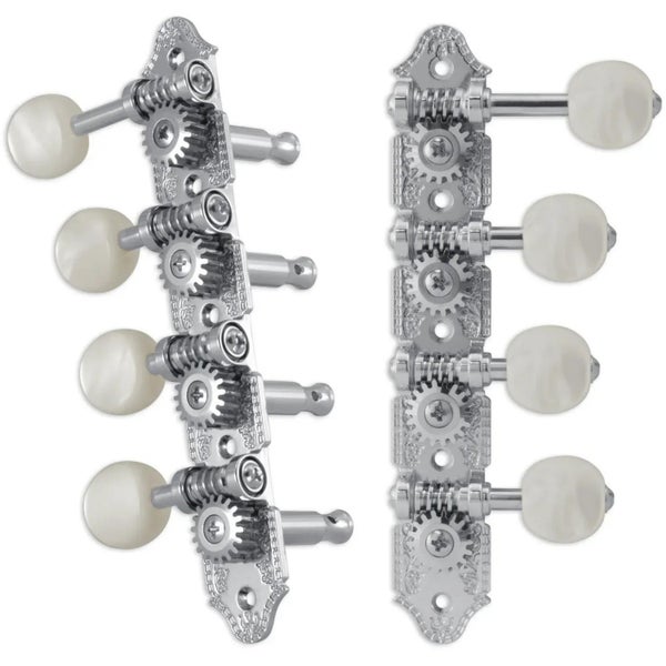 Grover 409FC Professional Mandolin Standard "F"-Style Machine Heads con botón Pearloid - Estándar, 4 + 4 cromados