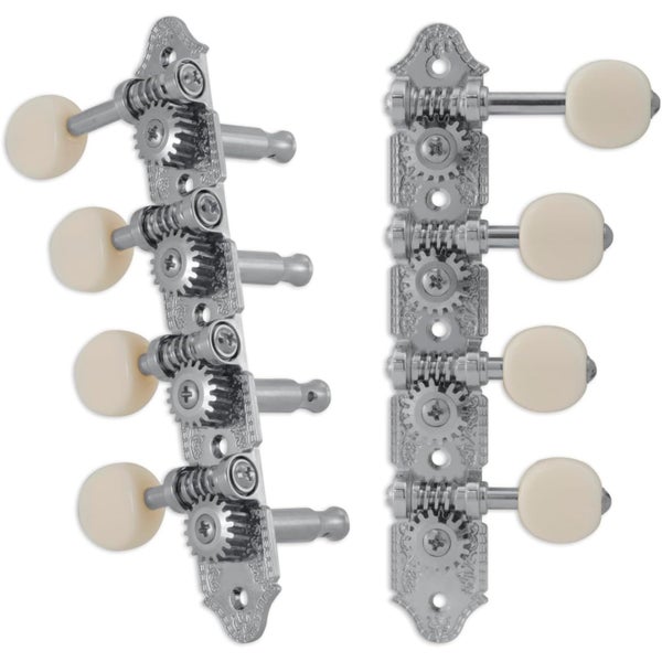 Grover 409FCW Professional Mandolin Standard "F"-Style Machine Head con botón blanco - Estándar, 4 + 4 cromados