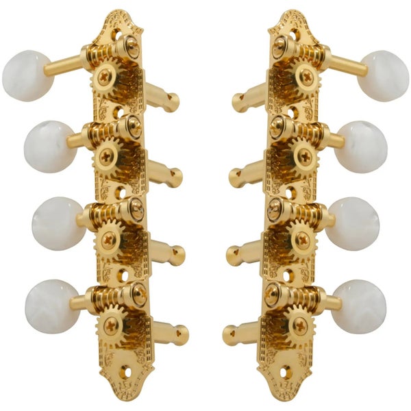 Grover 409FG Professional Mandolin Standard "F"-Style Machine Heads con botón Pearloid - Estándar, 4 + 4 - Dorado