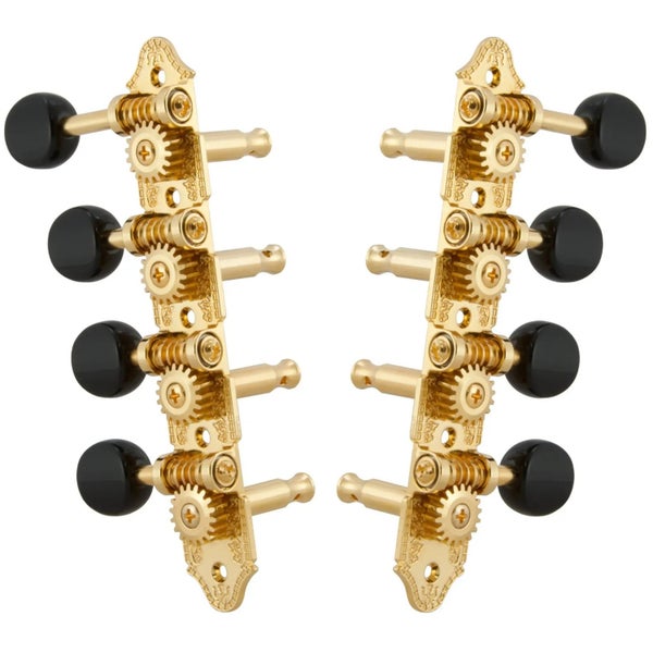 Grover 409FGB Professional Mandolin "F"-Style Machine Heads con botón negro - Estándar, 4 + 4 - Dorado