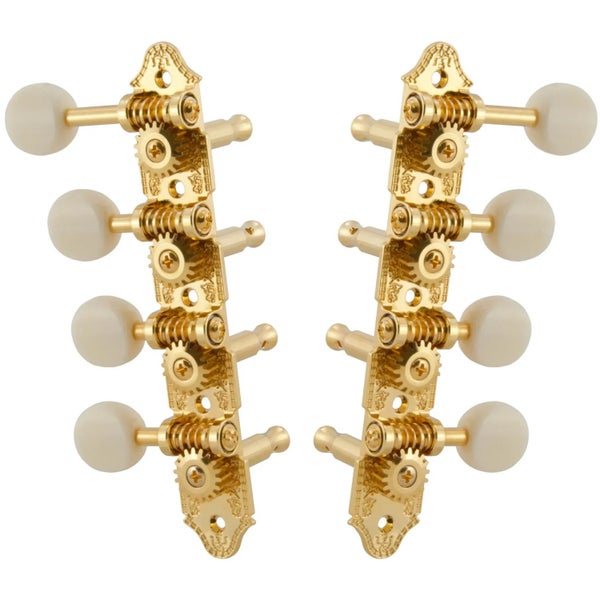 Grover 409FGW Professional Mandolin Standard "F"-Style Machine Head con botón blanco - Estándar, 4 + 4 - Dorado