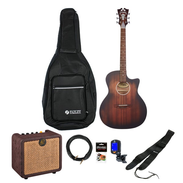 D'Angelico Premier Gramercy LS Aged Mahogany Startpaket för el-/akustisk gitarr med förstärkare