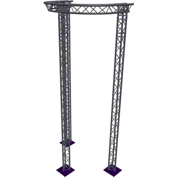 Altura FA33-CIRH-Ø2-H6-AD-S Estructura triangular semicircular Ø2×6 m, plateada, con ángulo en T y vértice hacia abajo