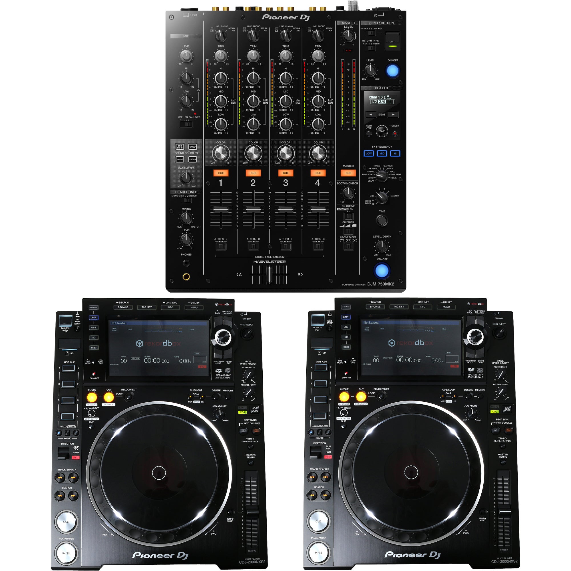 Pioneer DJ DJM-750-K DJ mixer + 2x CDJ-2000NXS2 media player | Bax 