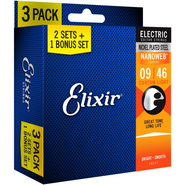 Elixir 16541 3-Pack Electric Nanoweb Custom Light 9-46 (12027)