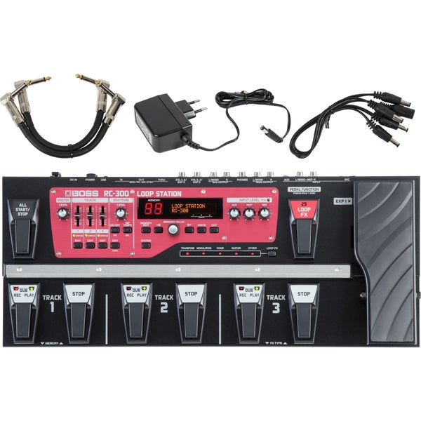 Boss RC-300 avec adaptateur, câble Daisy Chain et câbles patch