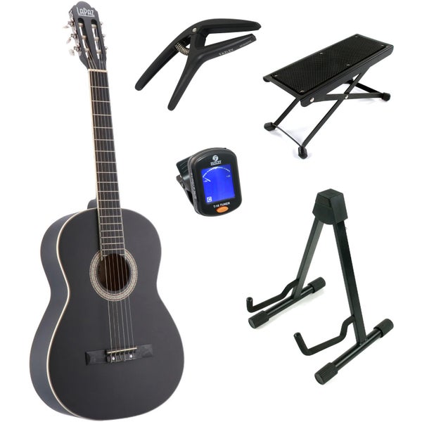 LaPaz C30BK guitare classique format 4/4 noire + stand + accessoires
