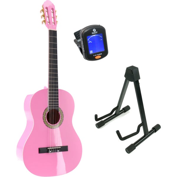 LaPaz 002 PI klassieke gitaar 4/4-formaat roze + statief + stemapparaat