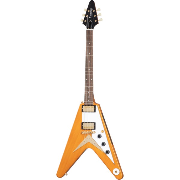 Epiphone 1958 Korina Flying V White Pickguard guitare électrique avec étui