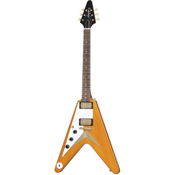 Epiphone 1958 Korina Flying V White Pickguard LH guitare électrique pour gauchers avec étui