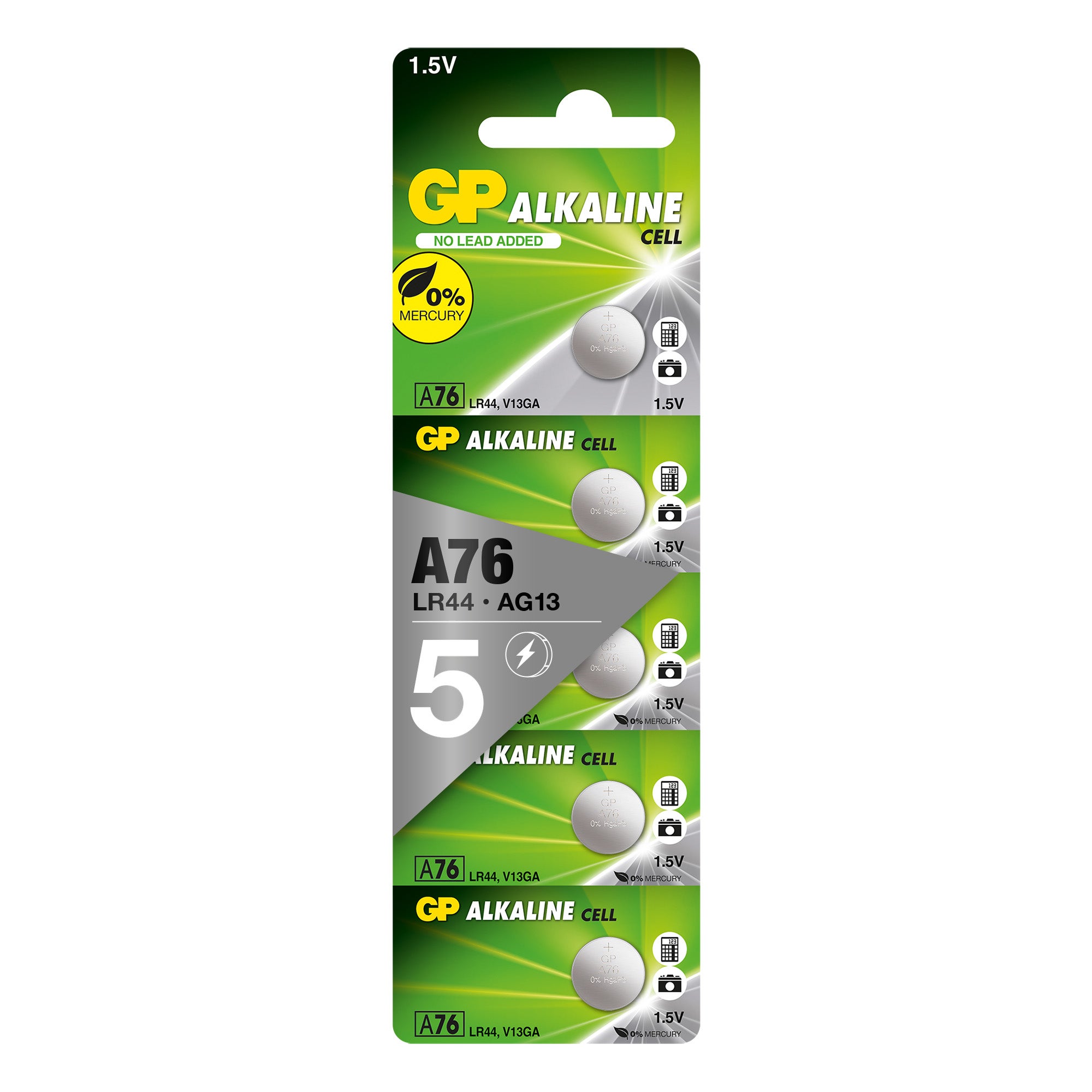 GP Alkaline Button Cell Batteries, 1.5V (Pack of 5)